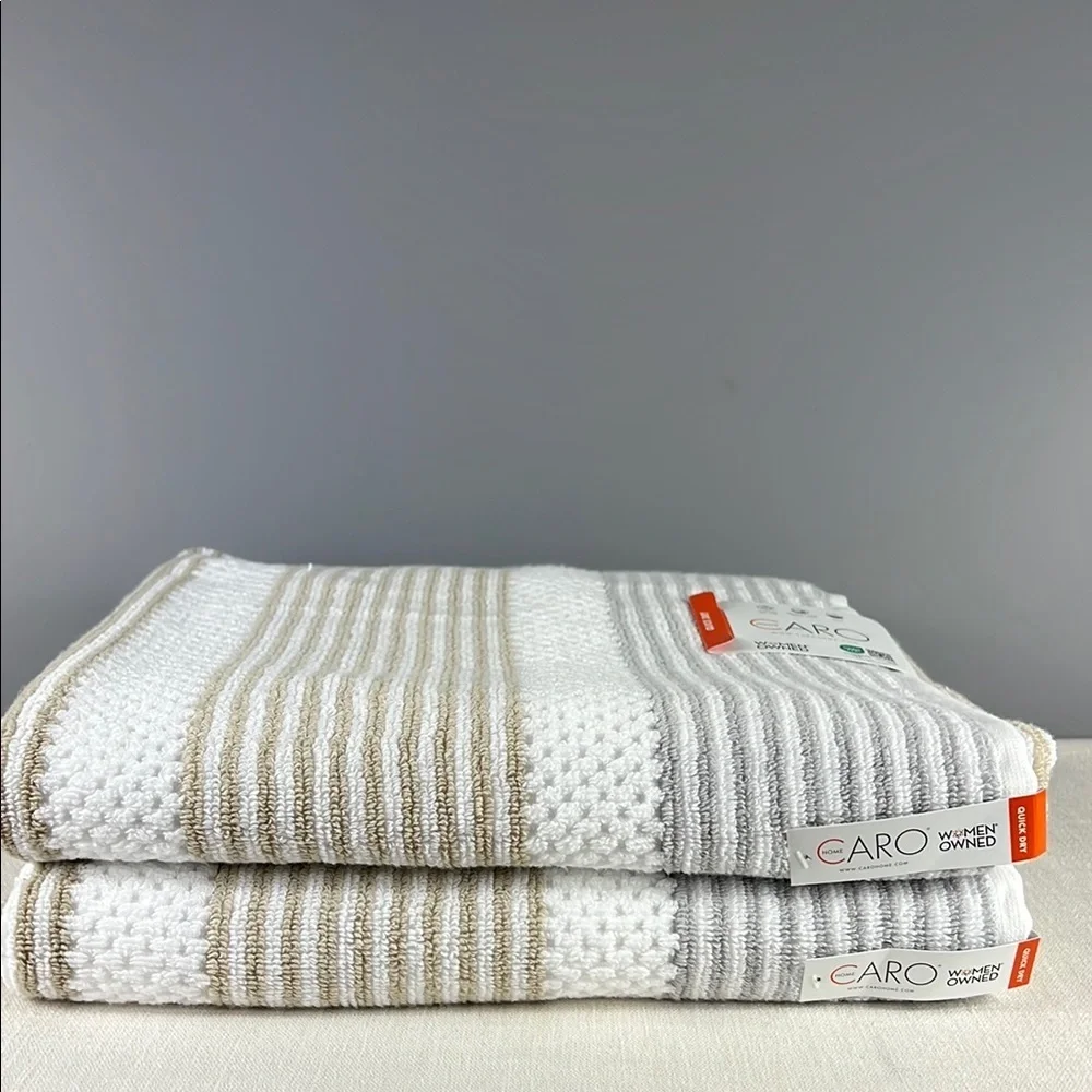 Caro Home Bath Towel Set White Gray Tan Stripe Plush Soft 100% Cotton 2 Pc NEW